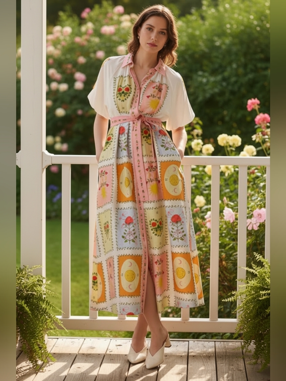 Patchwork Linen Blend Short Sleeve Belted Celestial Collared Maxi Shirt Dress